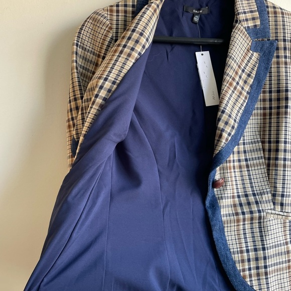 NWT DREW|| Anthropologie Plaid Blazer. Beige with Navy/Denim edge detail… - Picture 9 of 9